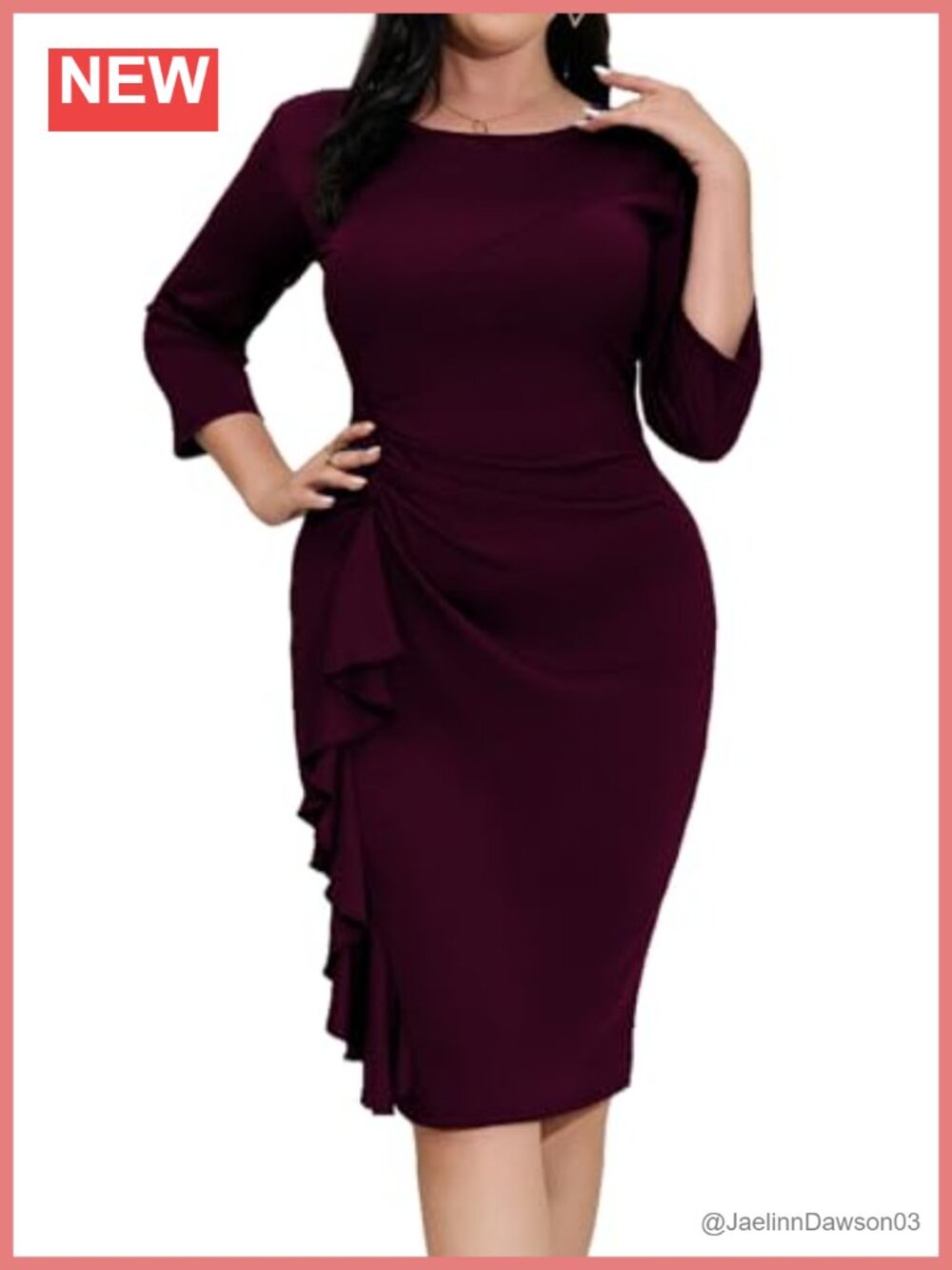 Women's Plus Size Bodycon Midi Pencil Dress 3/4 Sleeve Ruffle Work